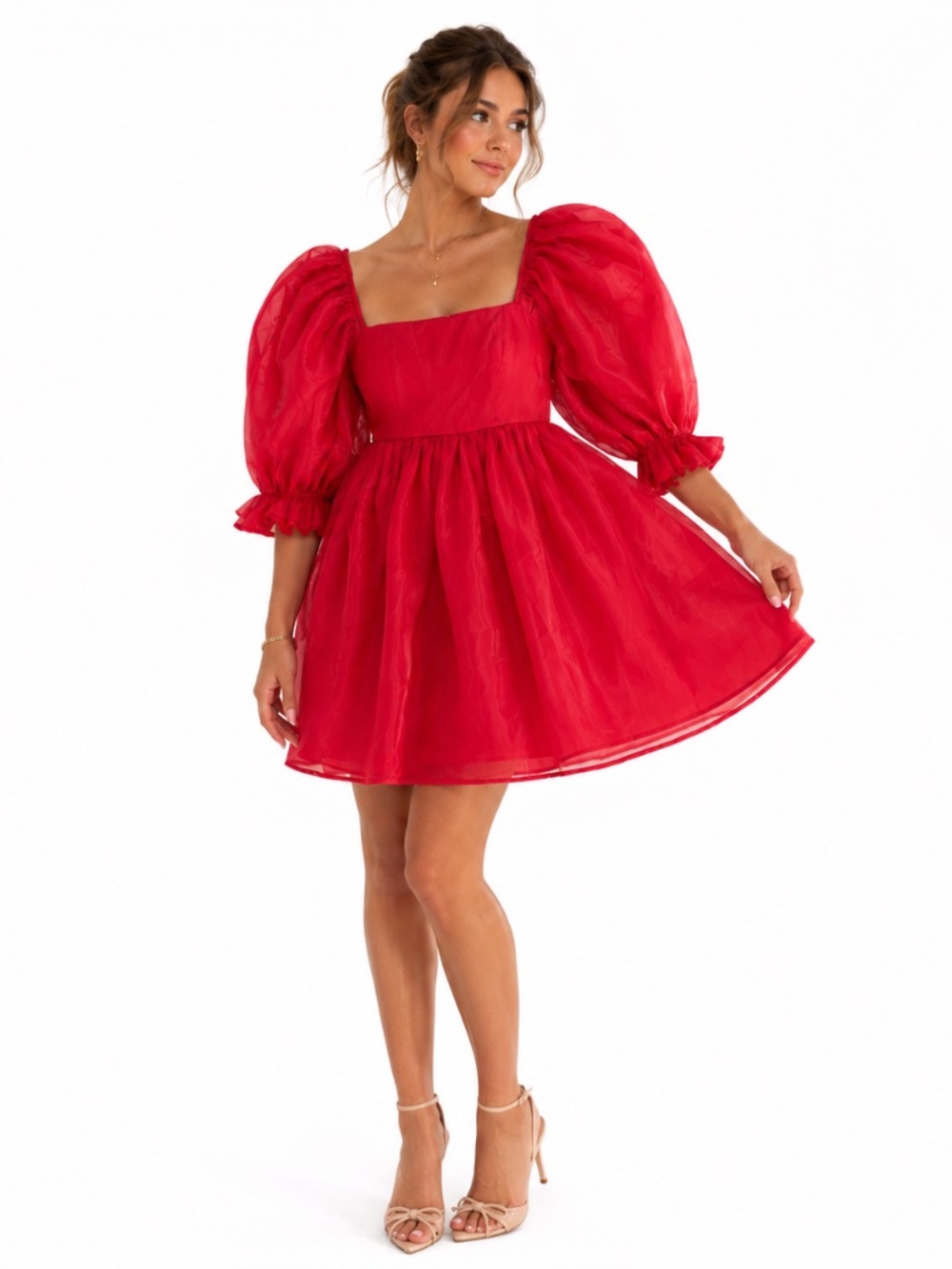 Red Organza Puff Sleeve Mini Dress